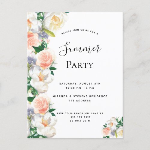 Summer party blush pink florals invitation postcard