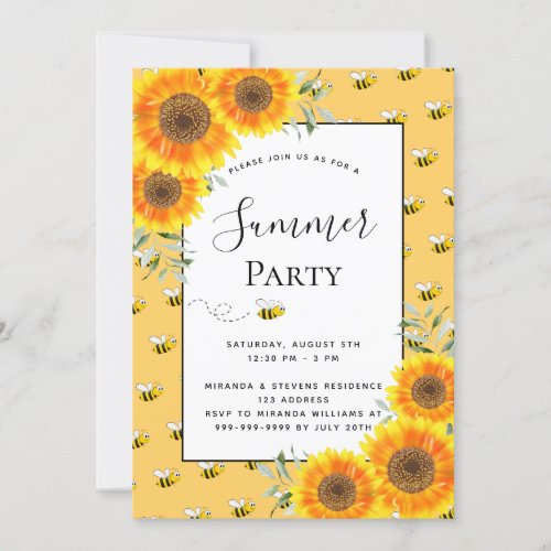 Summer party bumble bees sunflowers backyard bbq invitation