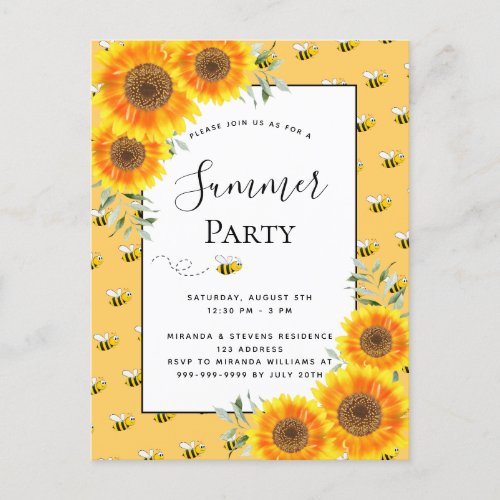 Summer party bumble bees sunflowers backyard bbq postcard