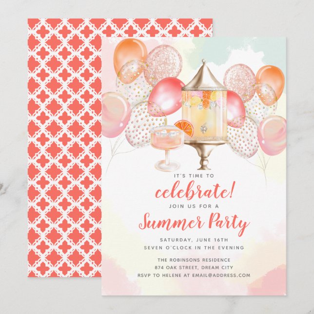 Summer Party Celebration Drink Balloons Invitation (Front/Back)