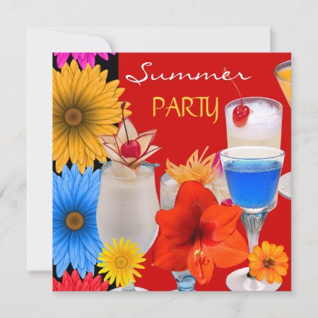 Summer Party Cocktails Drinks Red Blue Yellow Invitation