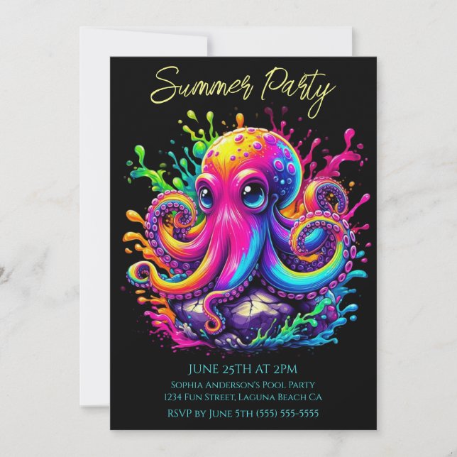 Summer Party- Colorful Octopus Splash Invitation (Front)