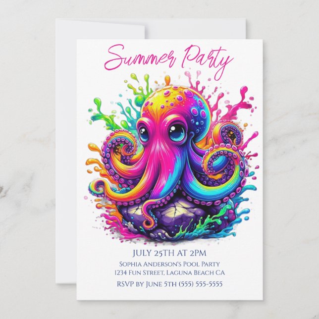 Summer Party- Colorful Octopus Splash Invitation (Front)