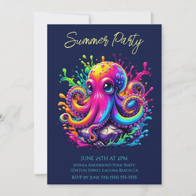 Summer Party- Colorful Octopus Splash Invitation (Front)