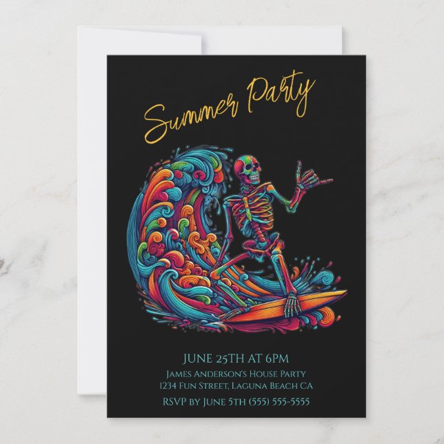 Summer Party- Colorful Skeleton Surfer Invitation (Front)