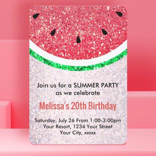 summer party faux glitter watermelon invitation