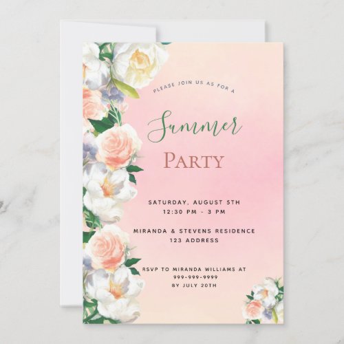Summer party florals white pink peach invitation