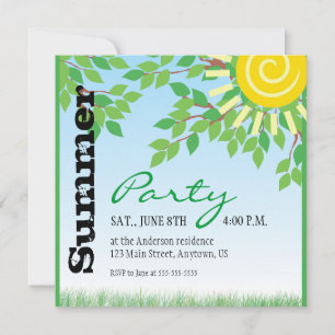 Summer Party, Green Leaves, Yellow Sun Invitation