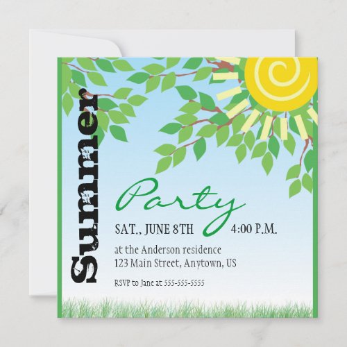 Summer Party Green Leaves Yellow Sun Invitation