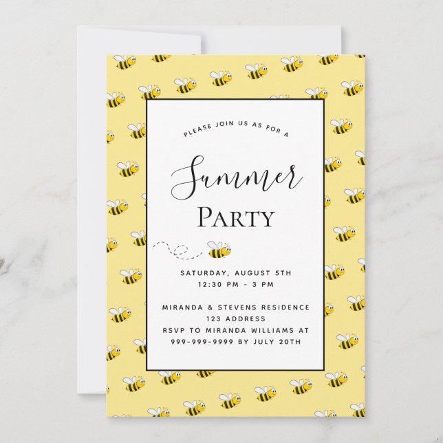 Summer party happy bumble bees backyard bbq invita invitation (Front)