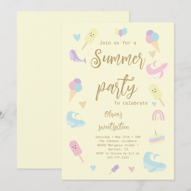 Summer Party Ice Cream Calligraphy Birthday Party Invitation (Front/Back)