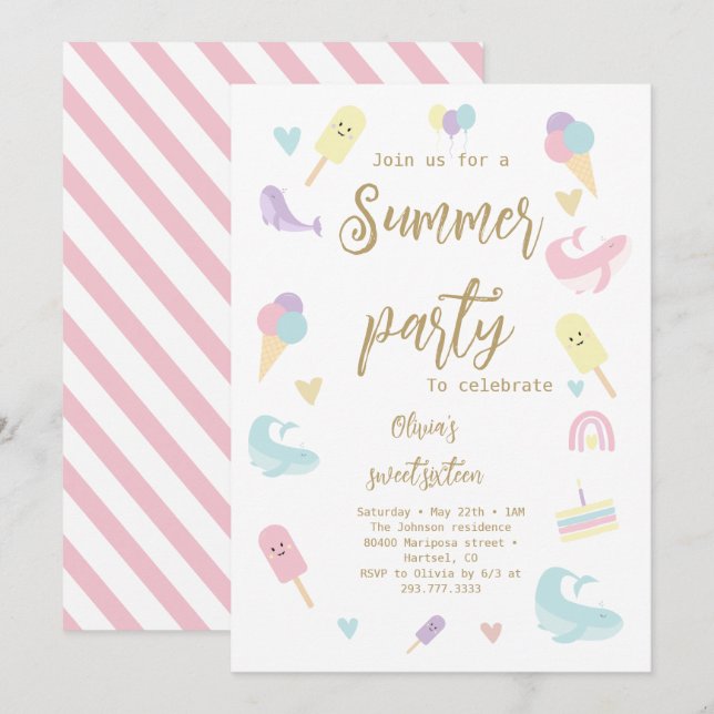 Summer Party Ice Cream Calligraphy Birthday Party Invitation (Front/Back)