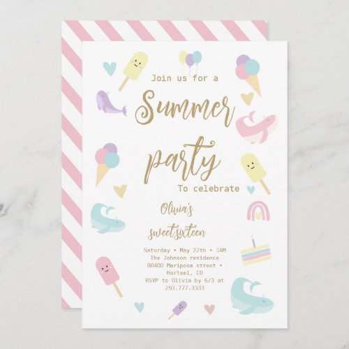 Summer Party Ice Cream Calligraphy Birthday Party Invitation