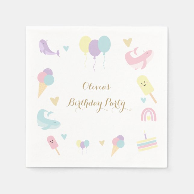 Summer Party Ice Cream Calligraphy Birthday Party Napkins (Front)