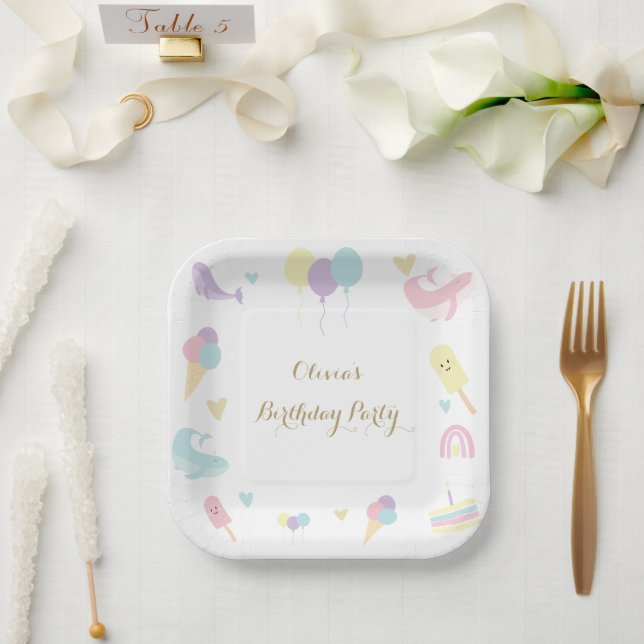 Summer Party Ice Cream Calligraphy Birthday Party Paper Plates (Wedding)