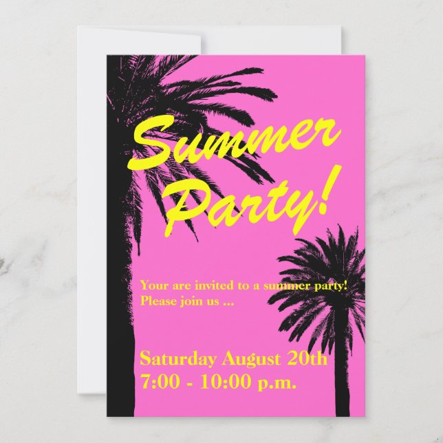 Summer party invitations neon pink and palm trees (Front)