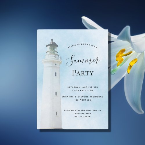 Summer party lighthouse coastal beach  blue invitation