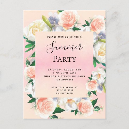 Summer party lush florals coral peach invitation postcard