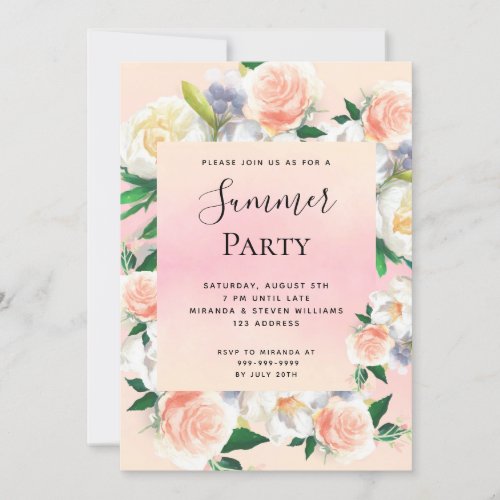 Summer party lush florals coral pink invitation