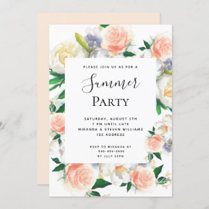 Summer party lush florals white coral peach invitation