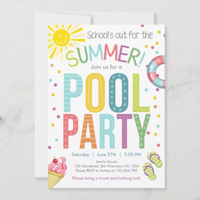 Summer Party Pool Party Schools Out Invitation (Front)