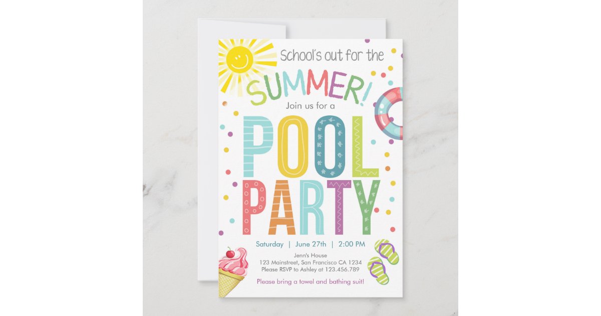 Summer Party Pool Party Schools Out Invitation