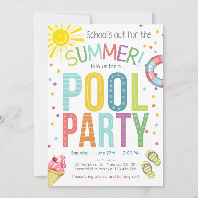 Summer Party Pool Party Schools Out Invitation