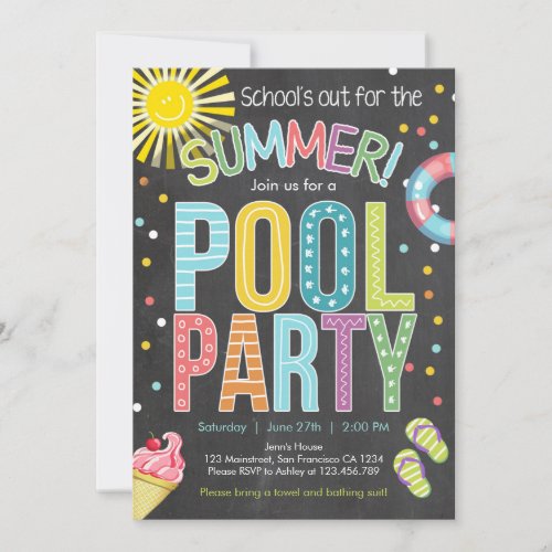 Summer Party Pool Party Schools Out Invitation