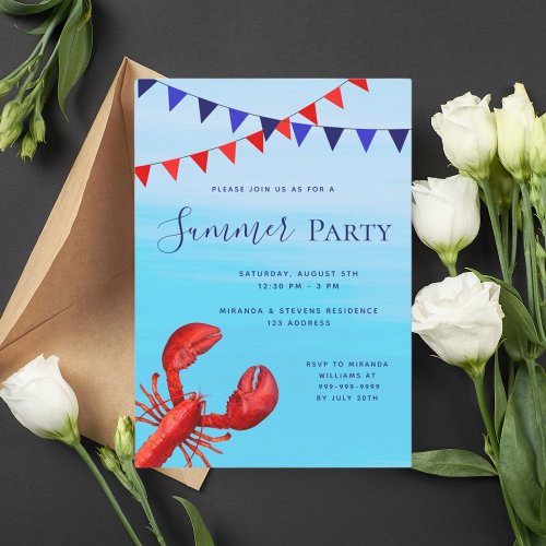 Summer party red lobster blue sea beach invitation