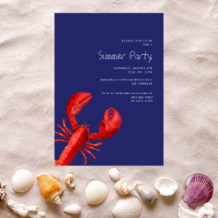 Summer party red lobster navy blue invitation