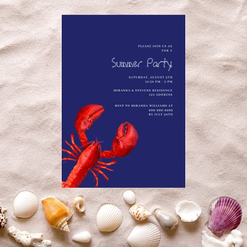 Summer party red lobster navy blue invitation