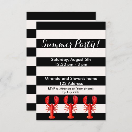 Summer party red lobsters black white invitation