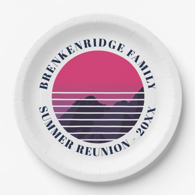 Summer Party Retro Sunset Mountains Custom Paper Plates (Front)