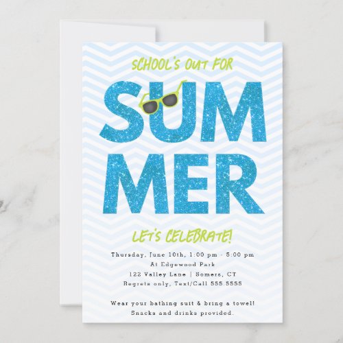 Summer Party Schools Out Blue Glitter Invitation
