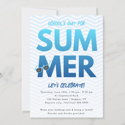 Summer Party Schools Out Blue Ombre Invitation