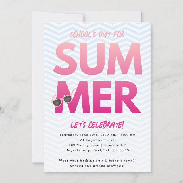 Summer Party, School's Out Pink Ombre Invitation (Front)