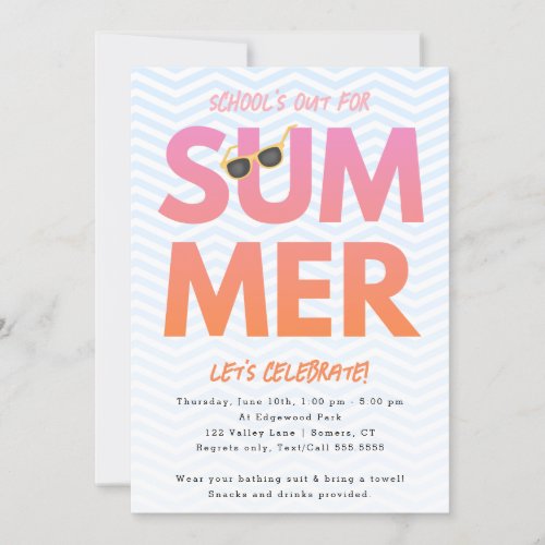 Summer Party Schools Out Pink Orange Ombre Invitation