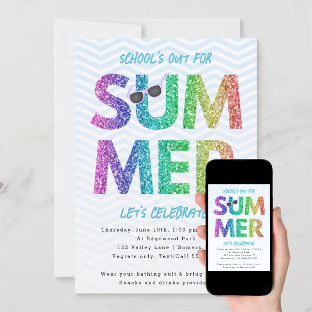 Summer Party, School's Out Rainbow Glitter Invitation | Zazzle