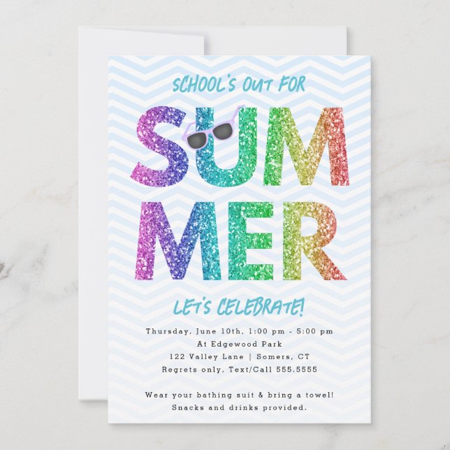 Summer Party, School's Out Rainbow Glitter Invitation (Front)