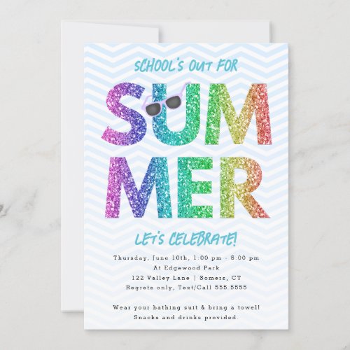 Summer Party Schools Out Rainbow Glitter Invitation