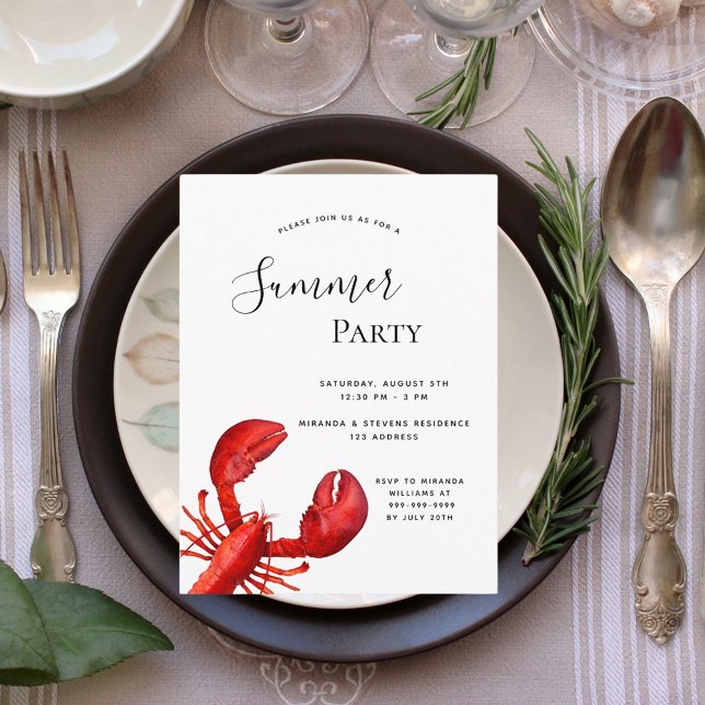 Summer party seafood red lobster white invitation postcard (Creator Uploaded)