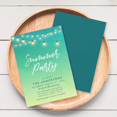 Summer Party String of Lights Watercolor Sea Glass Invitation