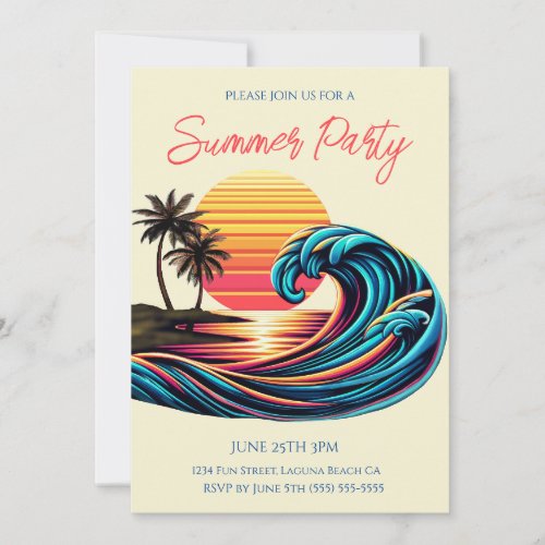 Summer Party_ Sunset Retro Surf Wave Invitation