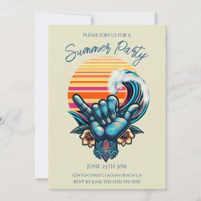 Summer Party- Surfing a Big Wave-Hand Symbol-Retro Invitation (Front)