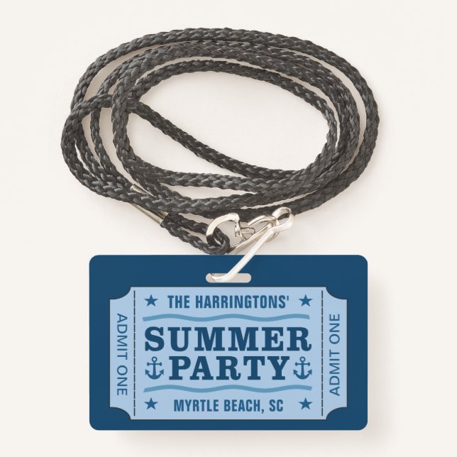 "Summer Party Ticket" custom text badges (Front with Lanyard)