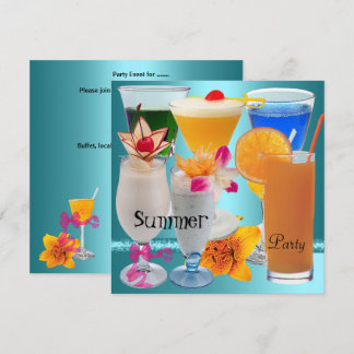 Summer Party Tropical Blue Teal Cocktail Drinks Invitation