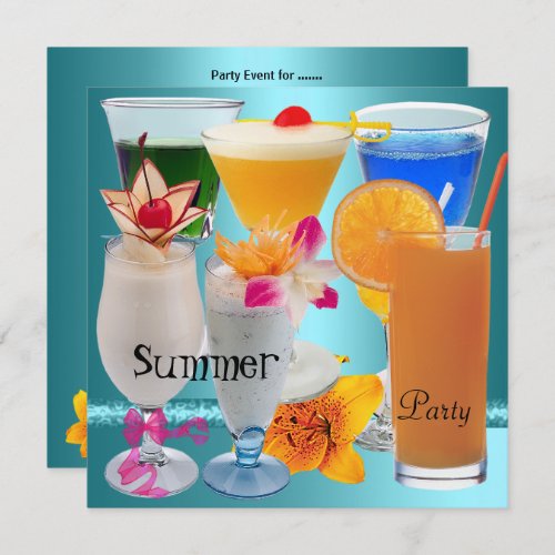 Summer Party Tropical Blue Teal Cocktail Drinks Invitation