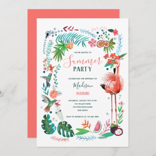 Summer party tropical pink flamingo invitation