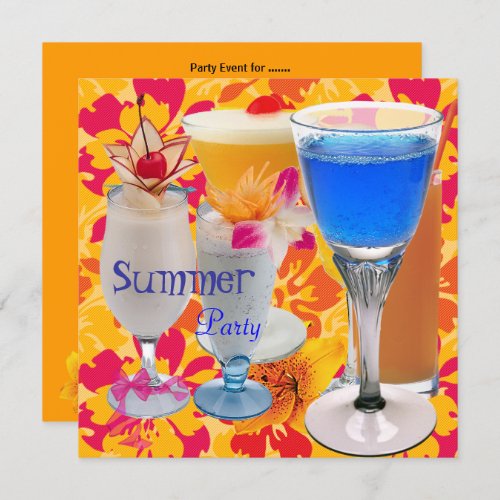 Summer Party Tropical Yellow Cocktail Drinks Blue Invitation