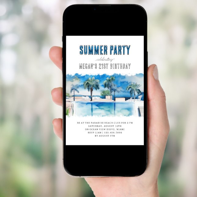 Summer Party Watercolor Tropical Pool Birthday Invitation (Front Digital)
